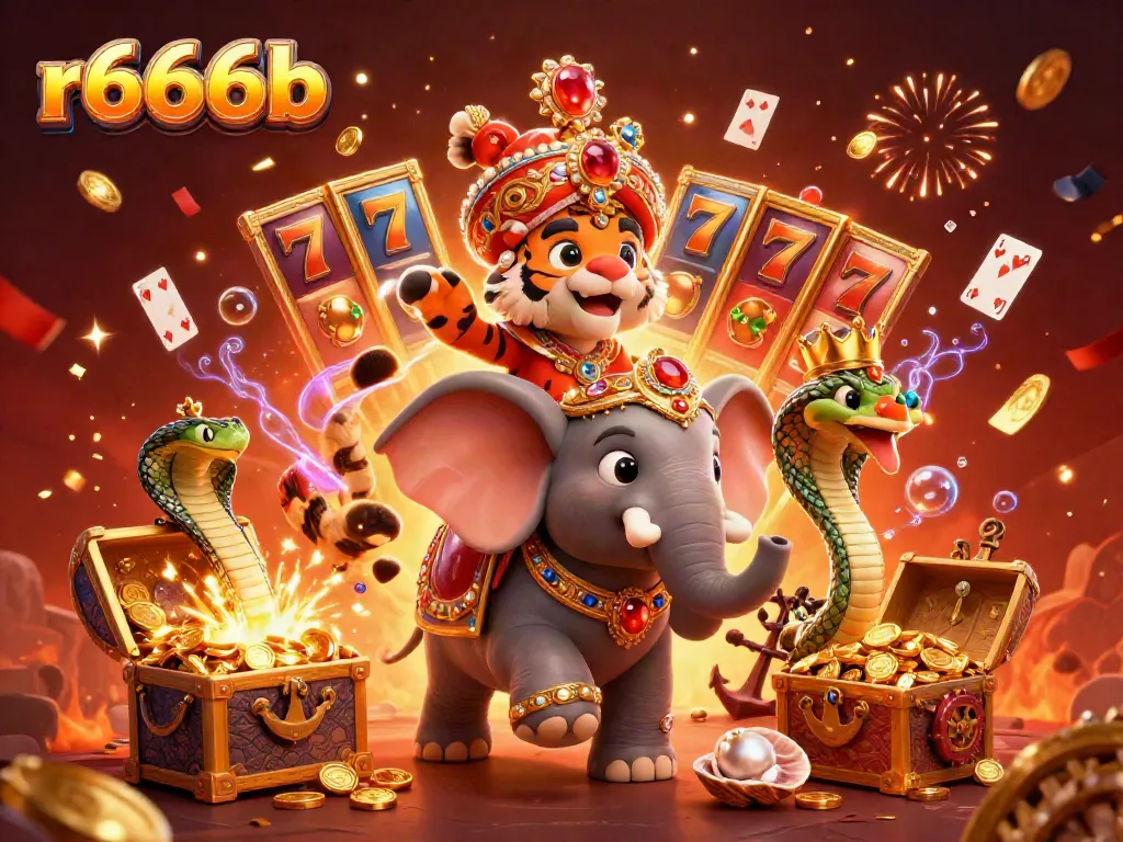 Spin the reels with vibrant riches and excitement at r666b casino featuring a majestic tiger and elephant.