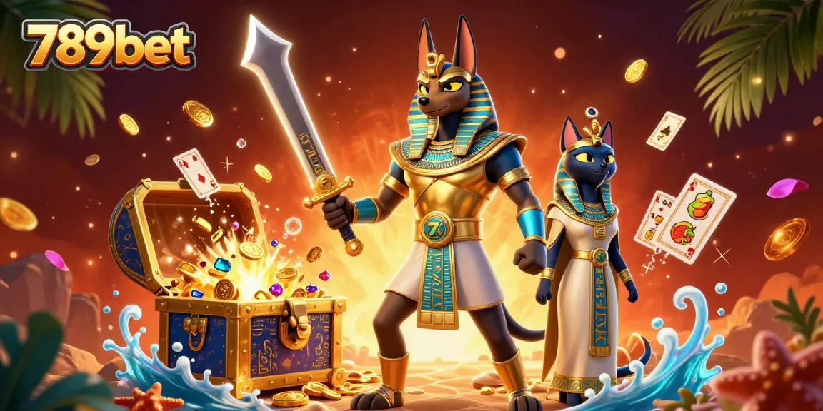 Immerse in the world of 789bet with a thrilling 3D casino scene showcasing Anubis and Bastet amidst vibrant gaming elements.