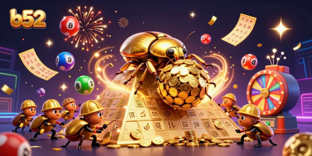 B52 offers a vibrant and energetic online gaming experience showcasing a golden beetle rolling coins.