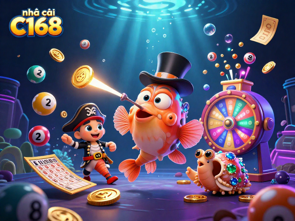 Experience vibrant winning moments with nhà cái C168 featuring animated sea creatures in a lively casino scene.