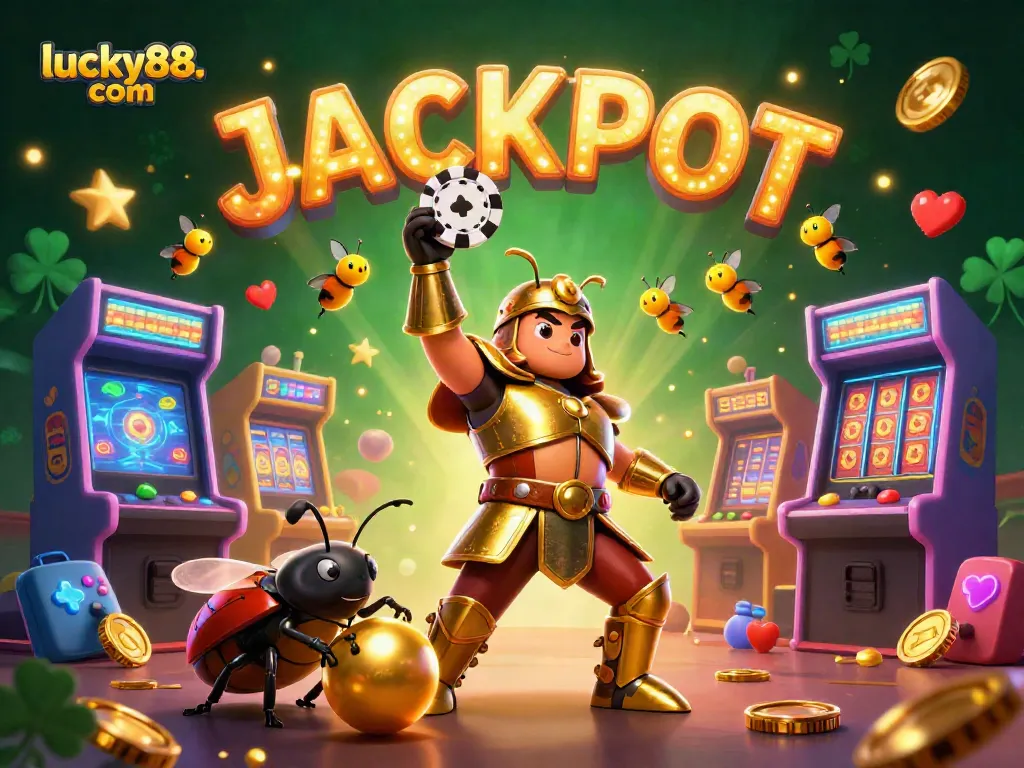 Exciting action at lucky88. com, featuring a beetle champion celebrating a poker win amidst vibrant casino elements.