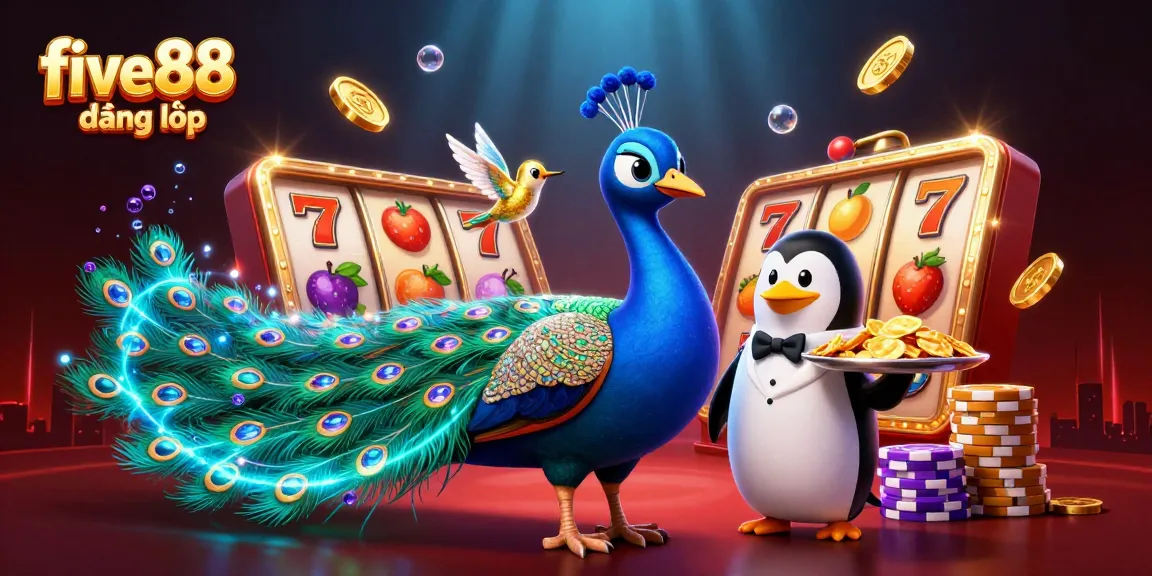 Experience the thrill of five88 đăng nhập with a vibrant casino-themed illustration featuring a peacock and a butler penguin.