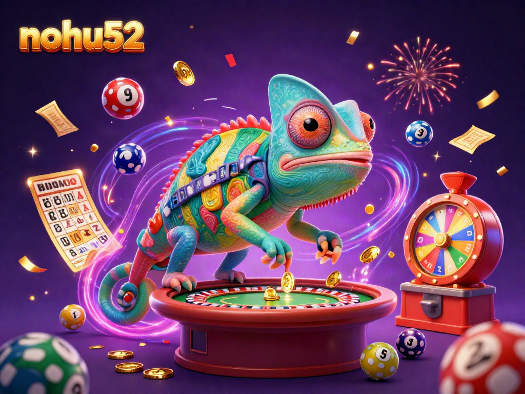 Nohu52 casino chameleon captures golden coins amidst vibrant gaming excitement.