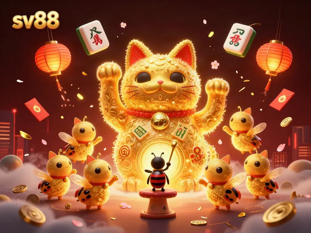 Experience the excitement of sv88 with a vibrant illustration featuring a lucky cat and casino symbols.