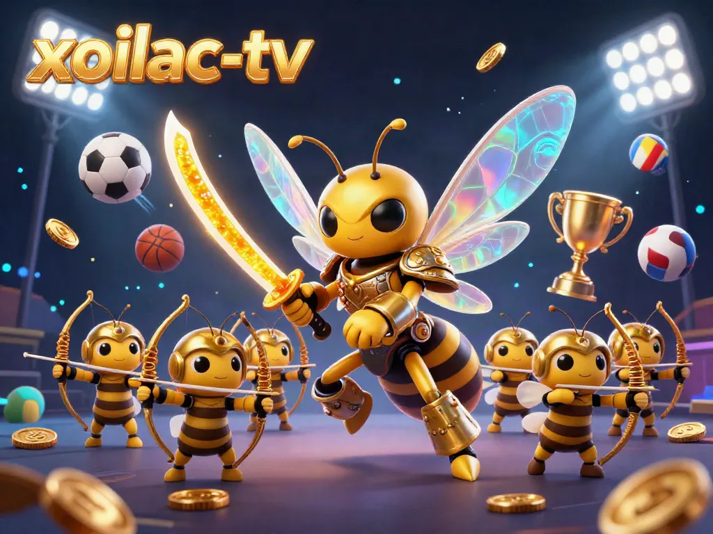 Xoilac-TV highlights dynamic sports betting action with a golden hornet warrior and bee archers.