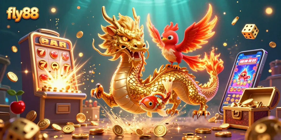 Experience the excitement of fly88 with a vibrant 3D casino illustration featuring dynamic characters and game elements.