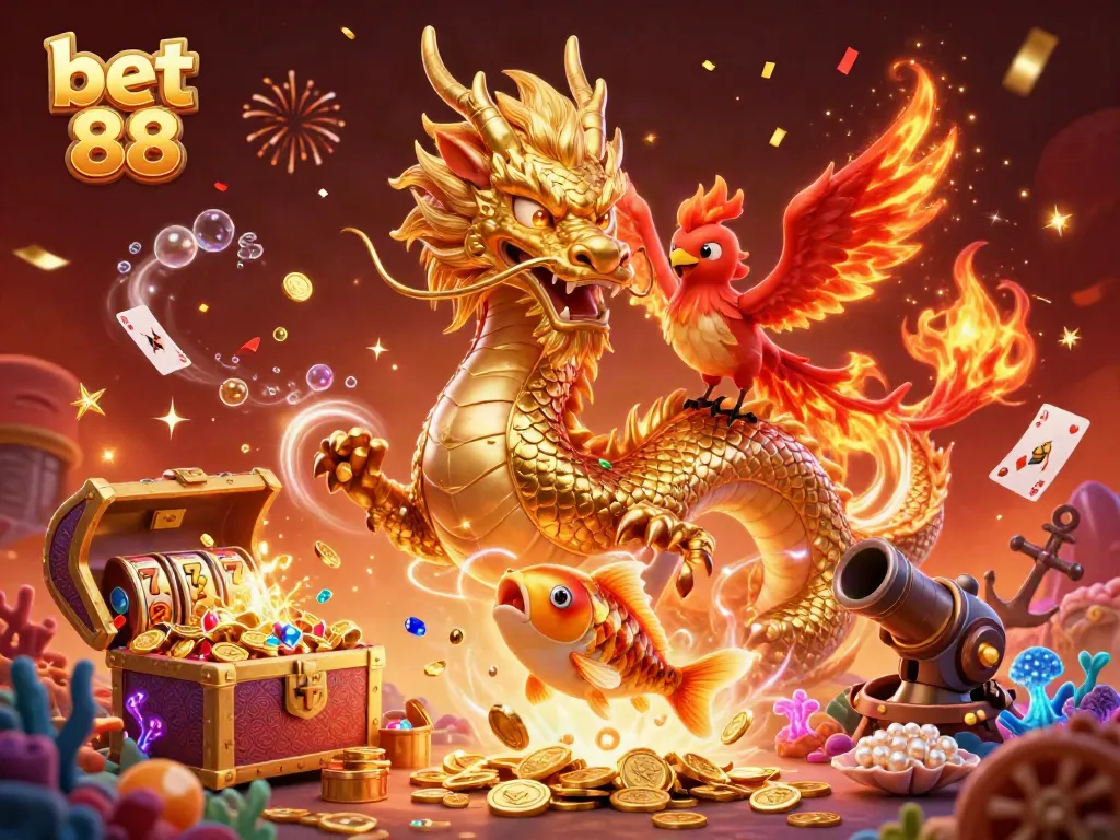 Spin to win at bet 88 with this vibrant gaming illustration featuring dragons and lucky charms.