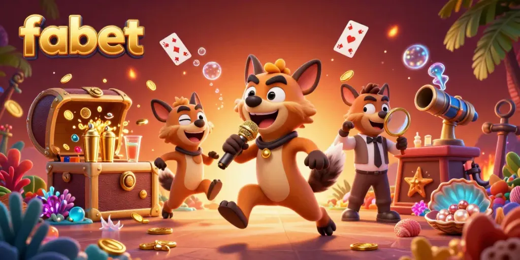 Experience the lively comedy casino atmosphere at fabet with animated hyenas, gold coins, and colorful gems.
