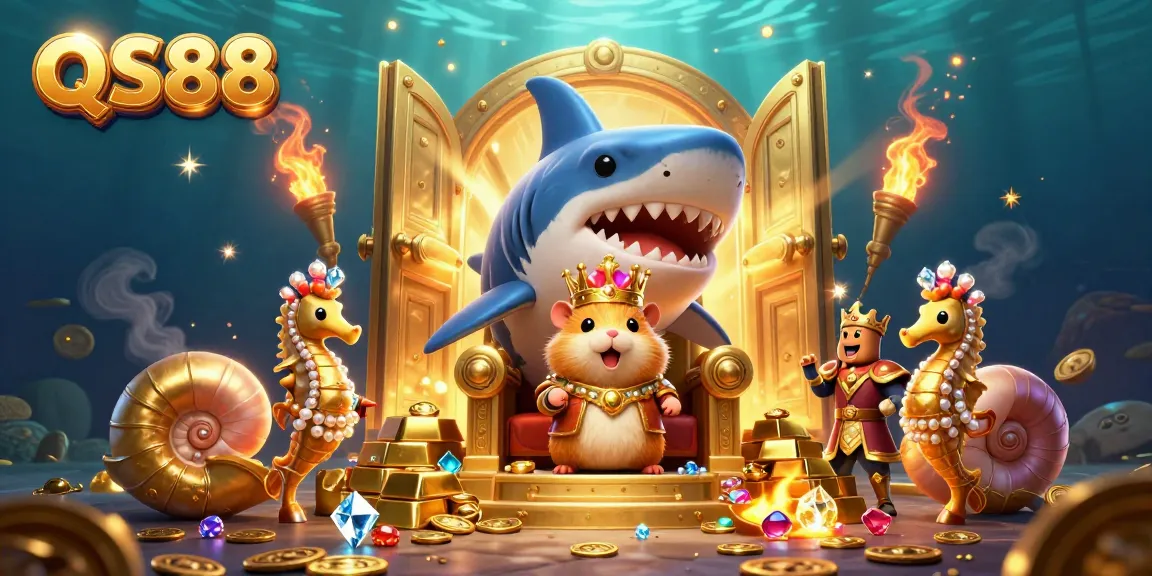 Engage with QS88 while surrounded by abundant treasures and dynamic gaming elements in this vibrant illustration.