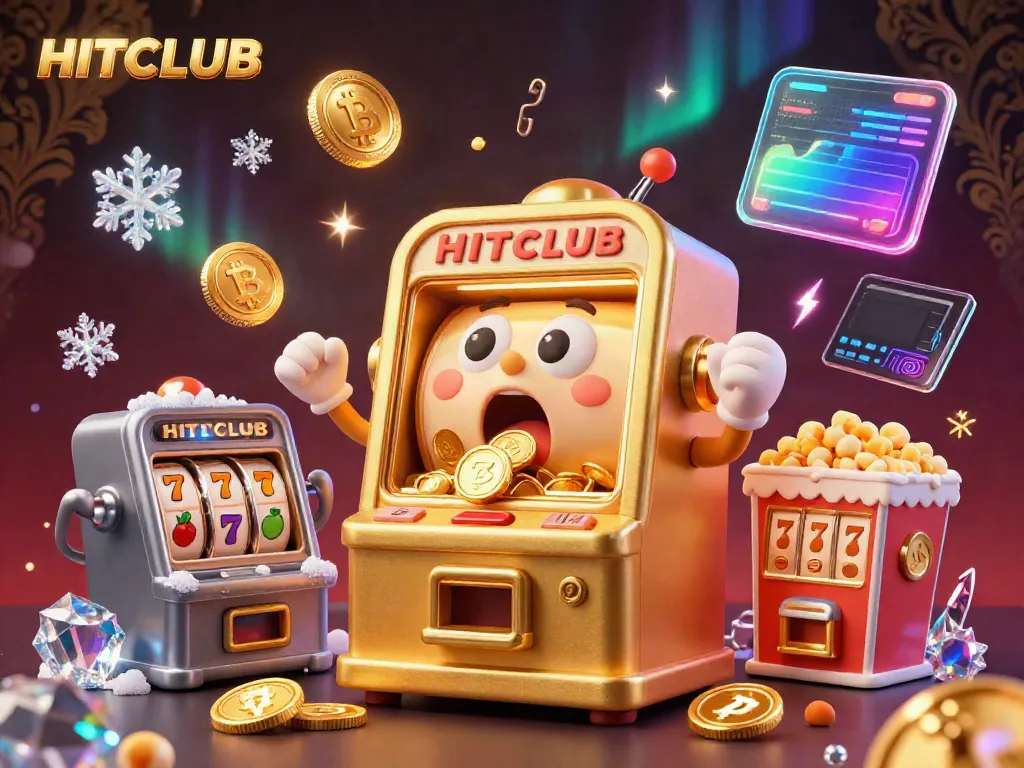 Experience the thrill of HITCLUB with a golden slot machine hitting a jackpot surrounded by cheers and excitement.