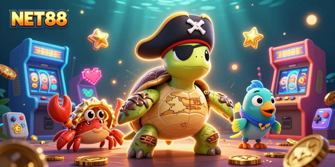 Engage with NET88, a vibrant casino illustration featuring a pirate turtle amid shining slots and golden treasures.