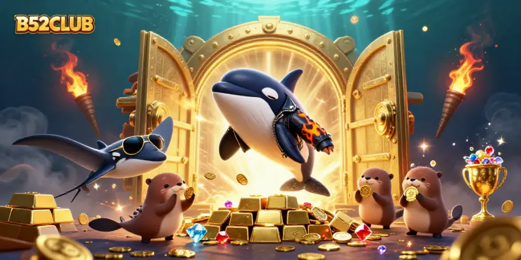 Experience the excitement of B52CLUB with an illustration of whales, stingrays, and treasure.