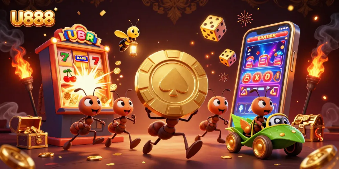 U888 ants executing a dazzling heist, showcasing exciting casino elements with vibrant energy.