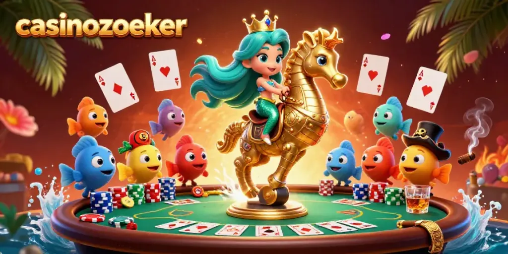 Engage in thrilling poker action with casinozoeker while a mermaid rides a seahorse in this vibrant illustration.