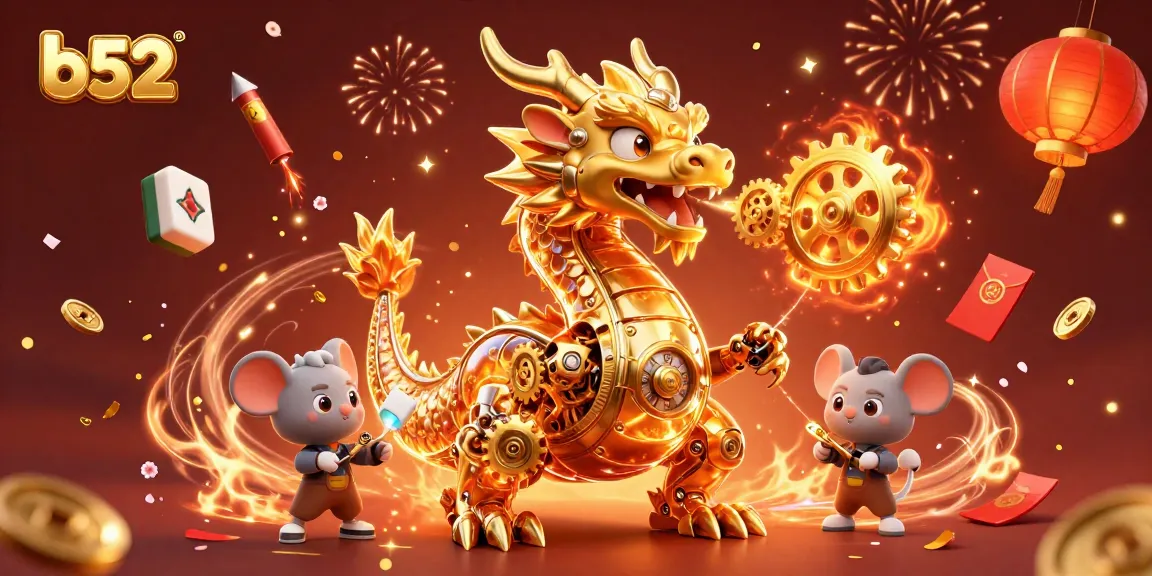 B52 players experience thrilling moments with the golden dragon and festive elements in an engaging casino illustration.