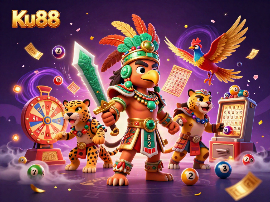 Engage with Ku88's vibrant atmosphere filled with lottery excitement, colorful balls, and dynamic gaming elements.