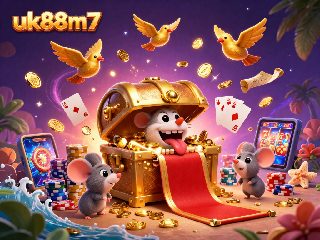 Spin and win with uk88m7's vibrant casino adventure, featuring dynamic 3D treasures and gaming excitement.