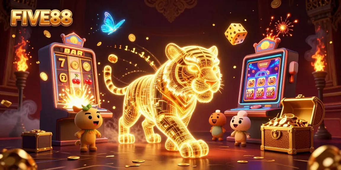 Engage in thrilling casino adventures with FIVE88 featuring a neon tiger and vibrant gaming elements.