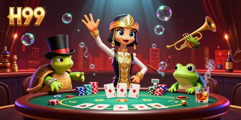 Engage with H99's vibrant casino scene featuring cartoon characters and dynamic poker game elements.