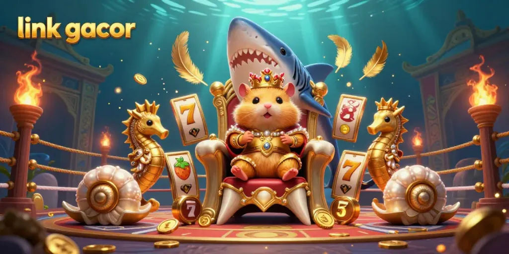Experience the excitement of link gacor in a vibrant 3D scene featuring a hamster king on a shark throne.