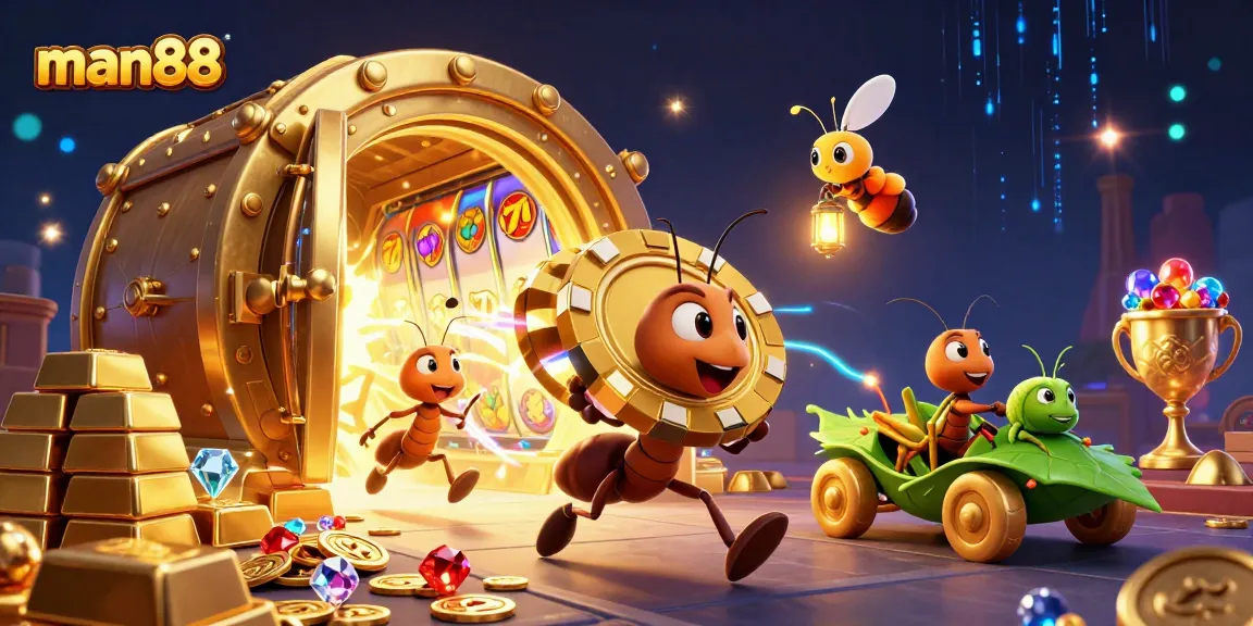man88 showcases a heist scene with ants, a firefly, and grasshopper amidst casino elements.