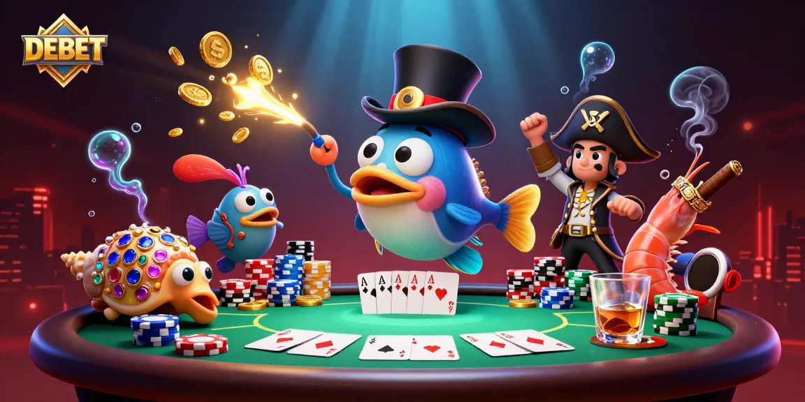 DEBET anglerfish attracting golden coins amidst vibrant poker elements in a rich underwater setting.