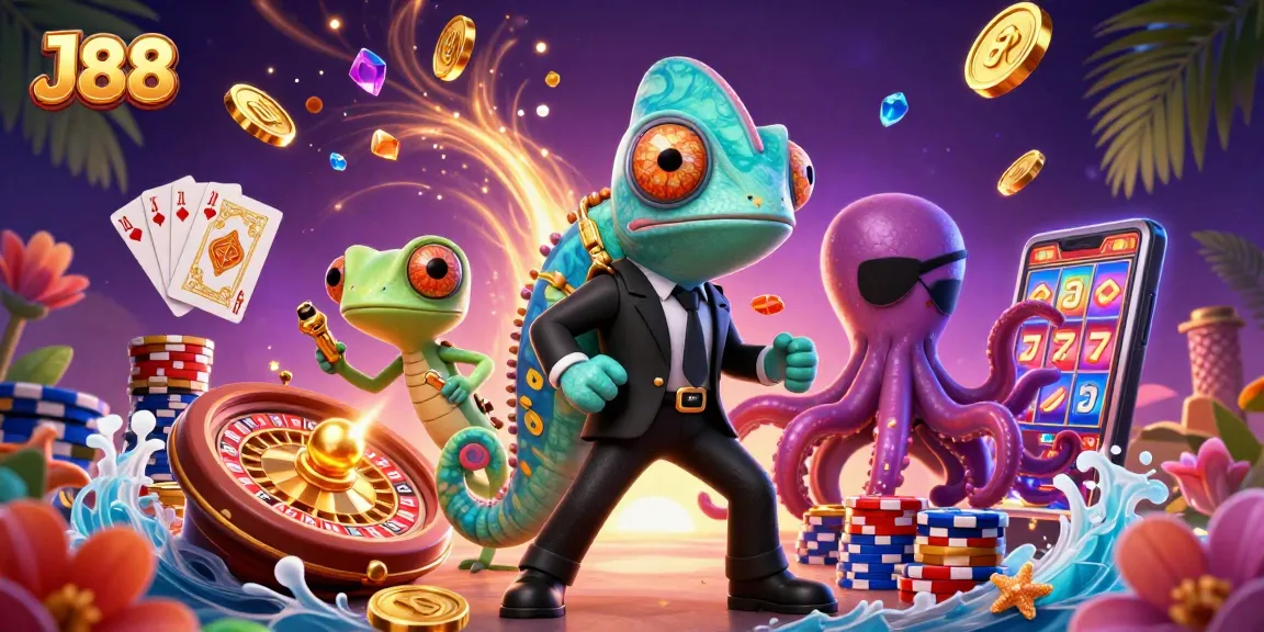 Experience thrilling J88 casino action with a vibrant 3D illustration featuring slots and cards.