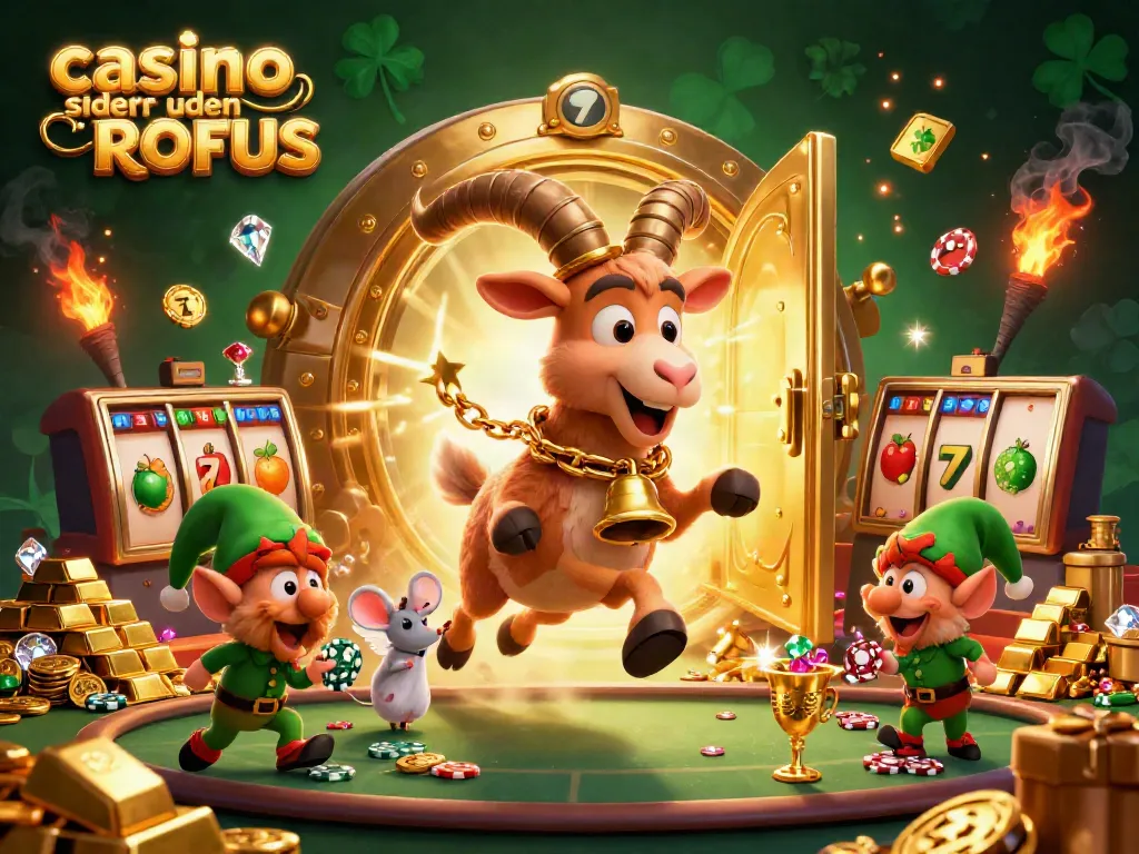 Experience thrilling games at casino sider uden ROFUS with a festive Krampus-goat-themed illustration, showcasing playful casino elements.