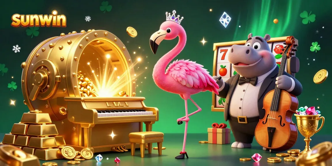Sunwin brings excitement to gambling in a vibrant 3D illustration filled with gold, gems, and dynamic casino elements.
