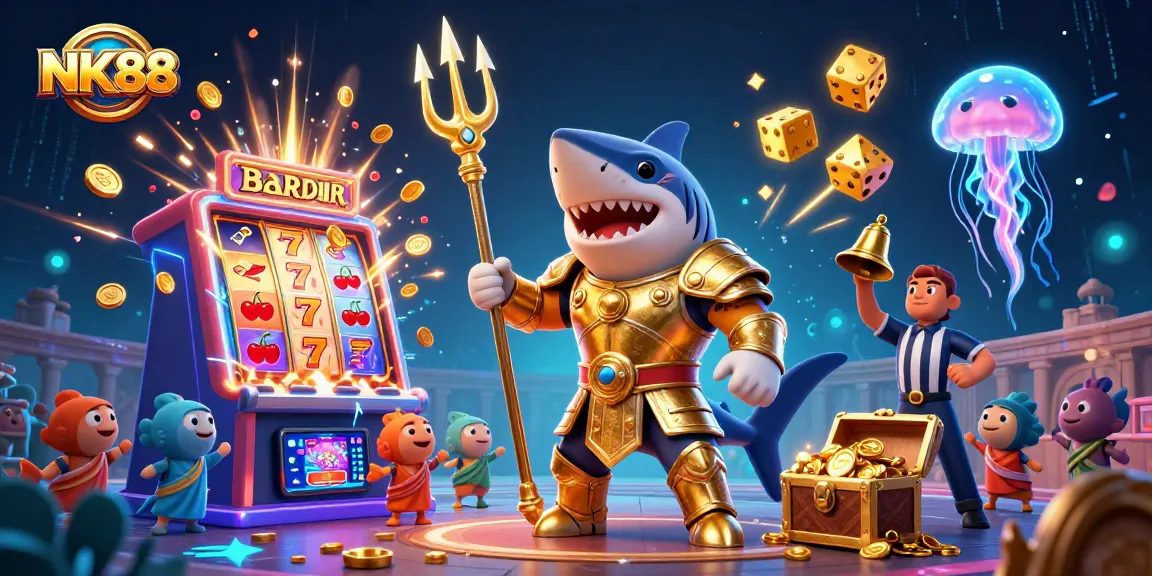 Experience thrilling wins at NK88 with a colorful underwater casino adventure, featuring dynamic game elements and characters.
