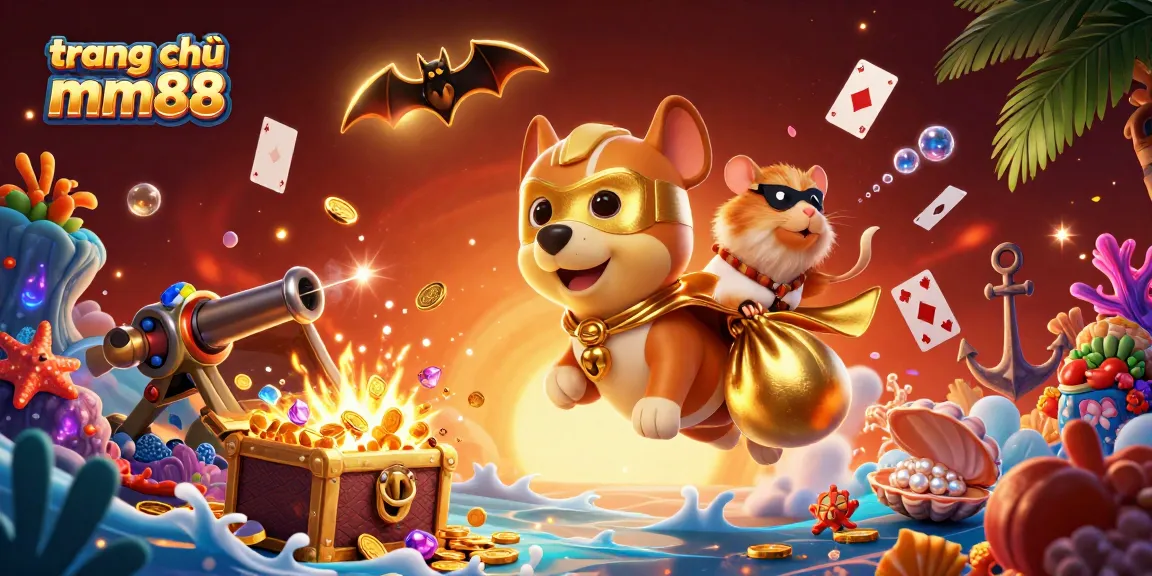 Play and win at trang chủ mm88 with the 3D superhero dog and sidekick in a vibrant casino setting.