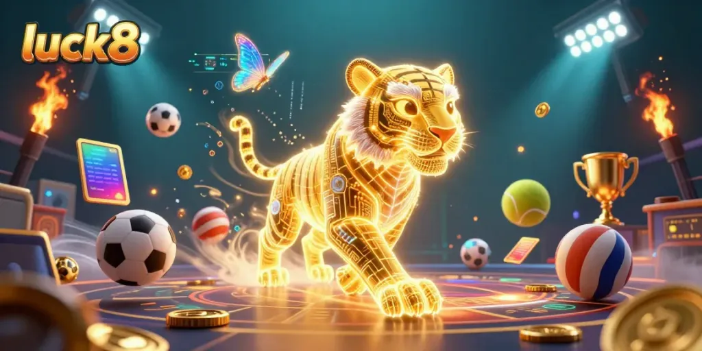 Experience luck8 in a vibrant casino scene where a golden tiger and sports elements blend together.