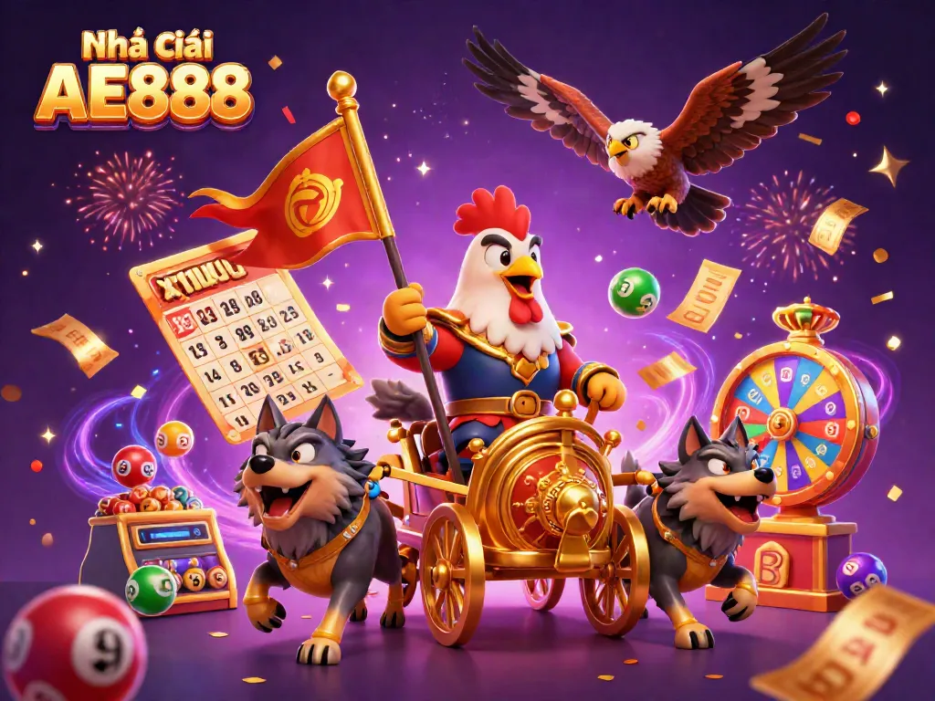 Experience the excitement of Nhà cái AE888 with a 3D cartoon rooster warlord leading dynamic casino games.
