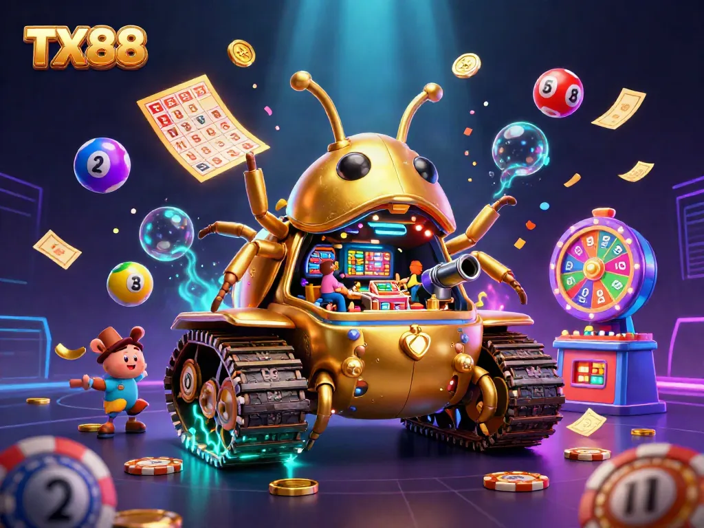 Experience the excitement of TX88 in this lively casino scene showcasing dynamic games and vivid colors.