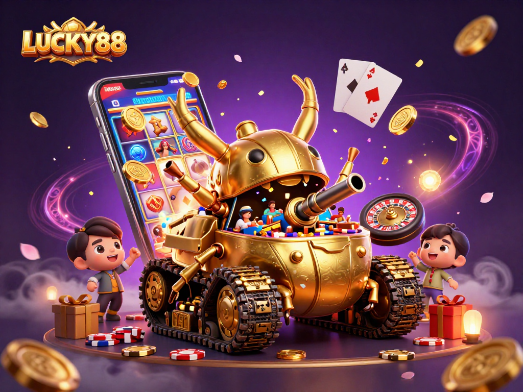 LUCKY88 showcases an exciting casino adventure in a dynamic 3D illustration featuring unique gaming elements.