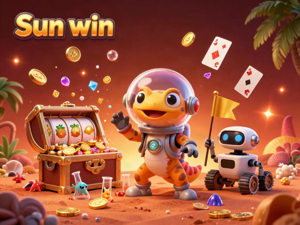 Engage in excitement with Sun win's vibrant casino discovery by a Martian gecko amidst golden treasures.