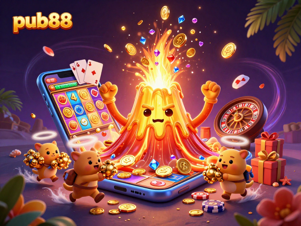 Experience fortune with pub88's vibrant casino scene, featuring a triumphant volcano amidst gems and dynamic game elements.