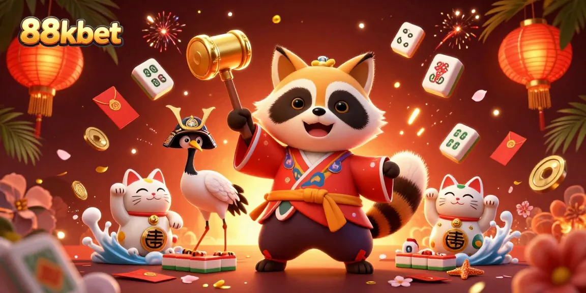 Experience the vibrant world of 88kbet with cheerful tanuki and fortune cats celebrating luck in a rich casino environment.