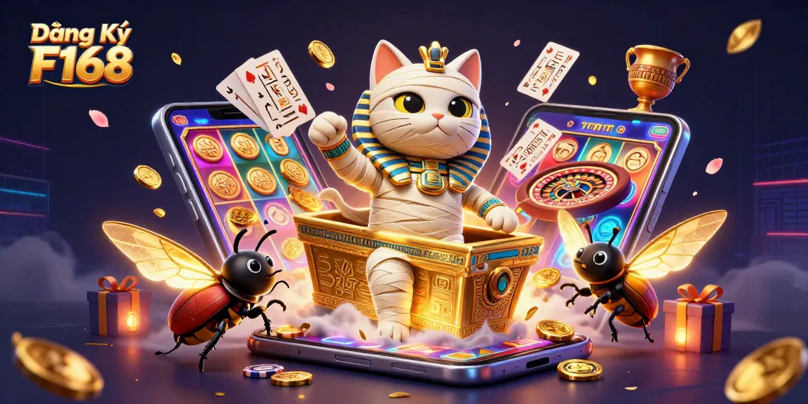 Spin to win with Đăng Ký F168 in a vibrant casino scene featuring an Egyptian mummy cat.