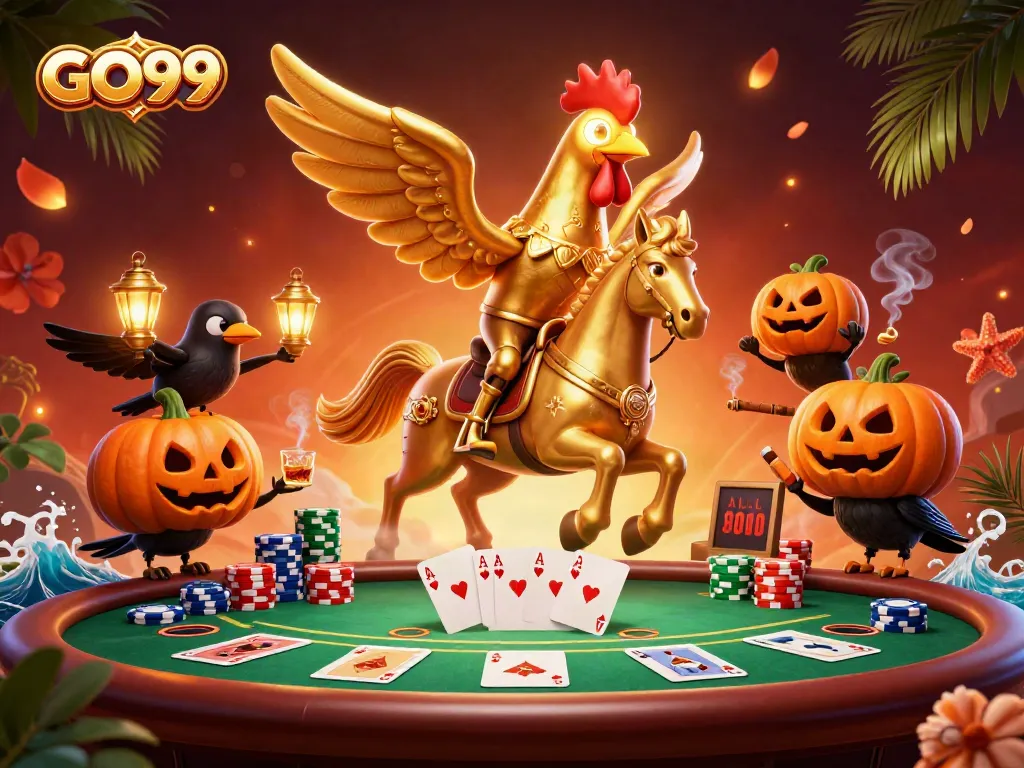 Join the excitement at GO99 as a golden rooster and spectral horse dominate the casino!