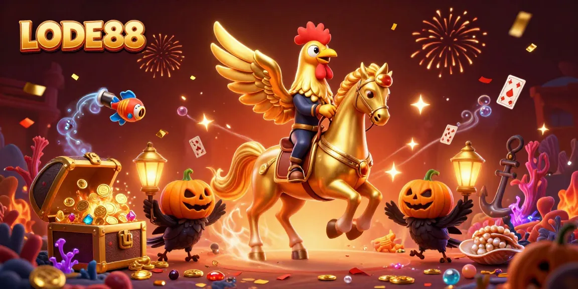 Win big with LODE88 in a vibrant casino scene featuring a golden rooster and spooky companions.