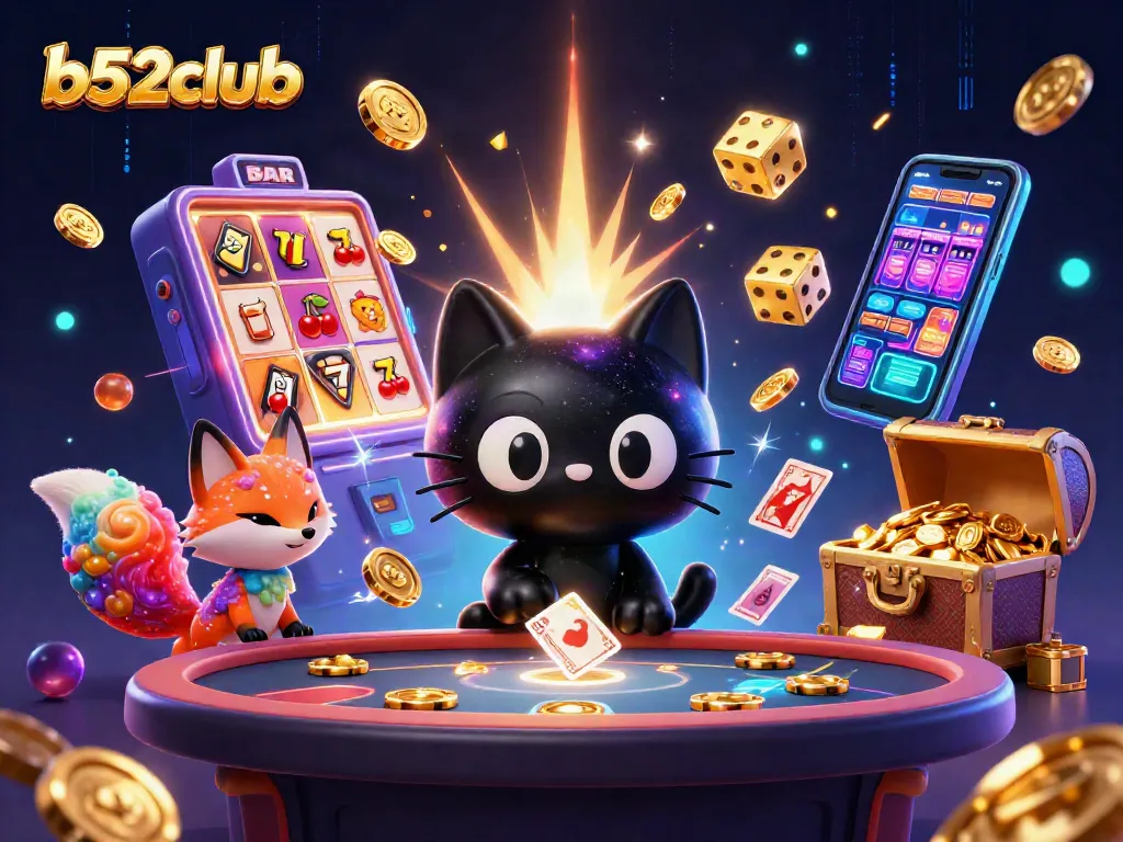 Experience the magic of b52club with a cosmic casino scene featuring playful characters and vibrant game elements.