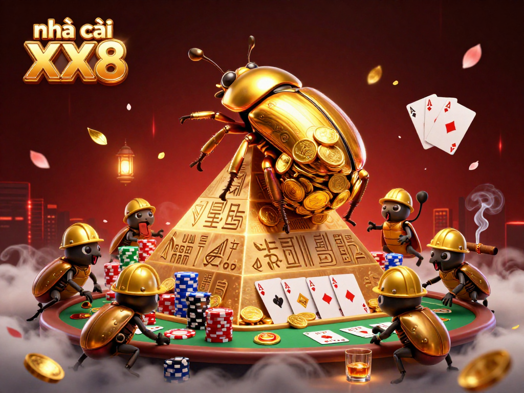 Action-packed scene of nhà cái XX8 with golden beetles rolling coin ball, poker elements surrounding