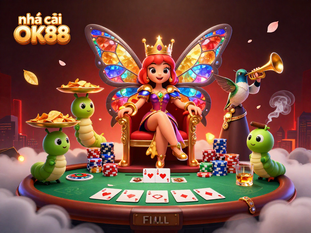 Join the excitement with nhà cái OK88 featuring a vibrant butterfly queen and dynamic casino elements.