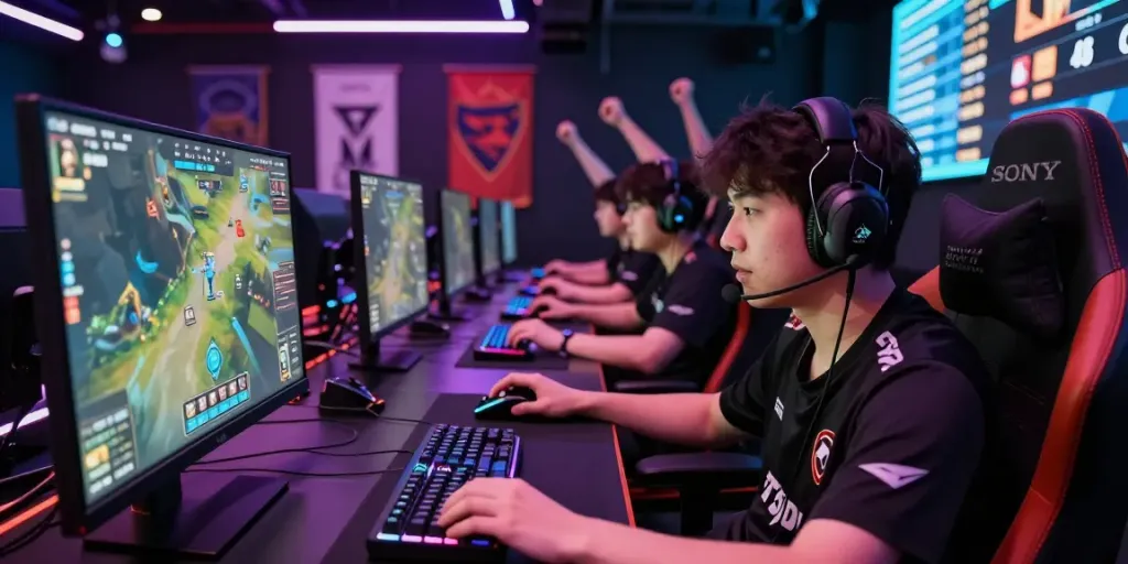 TISU4D dalam suasana arena esports dengan gamer fokus dan tim pendukung.