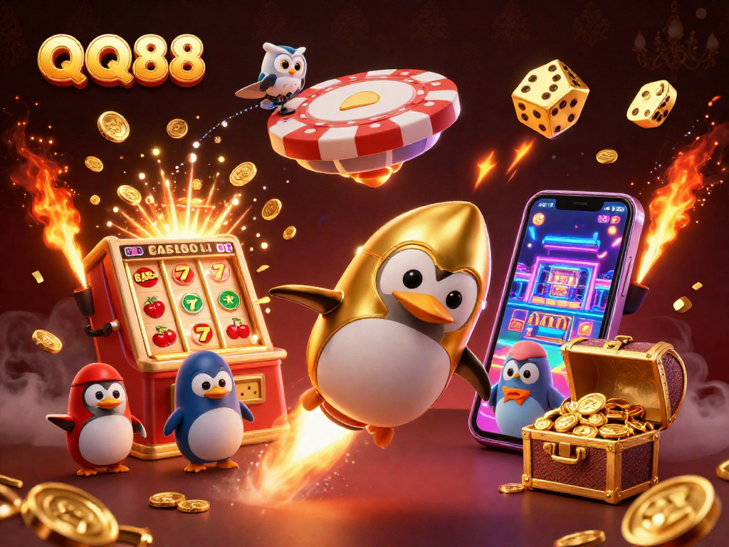 Engage in thrilling gameplay at QQ88 with a golden penguin racing towards a jackpot casino.