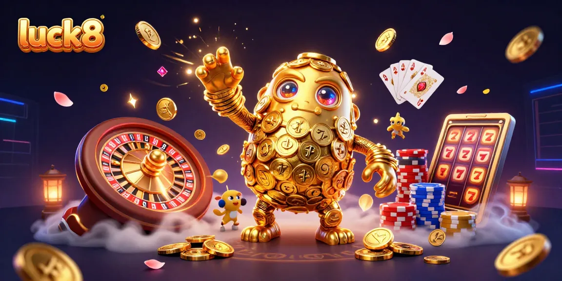 Experience luck8 in action with an ancient golden golem amidst a lively casino scene.