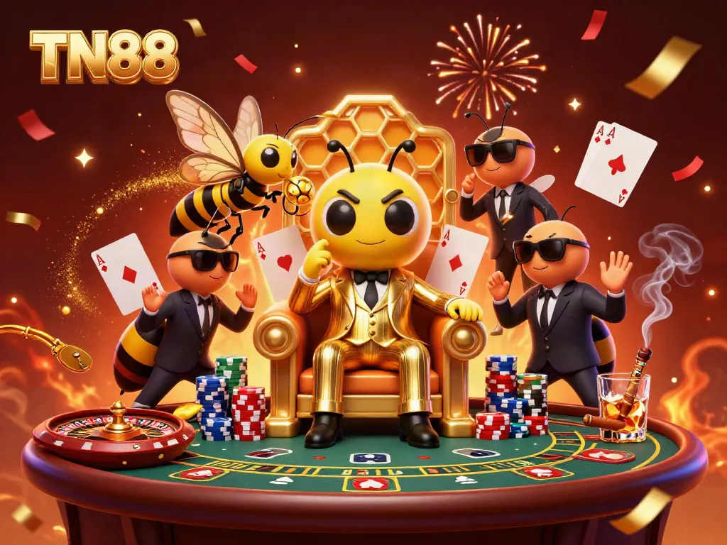 Experience TN88's vibrant casino atmosphere with a mob boss and games in a dynamic 3D scene.