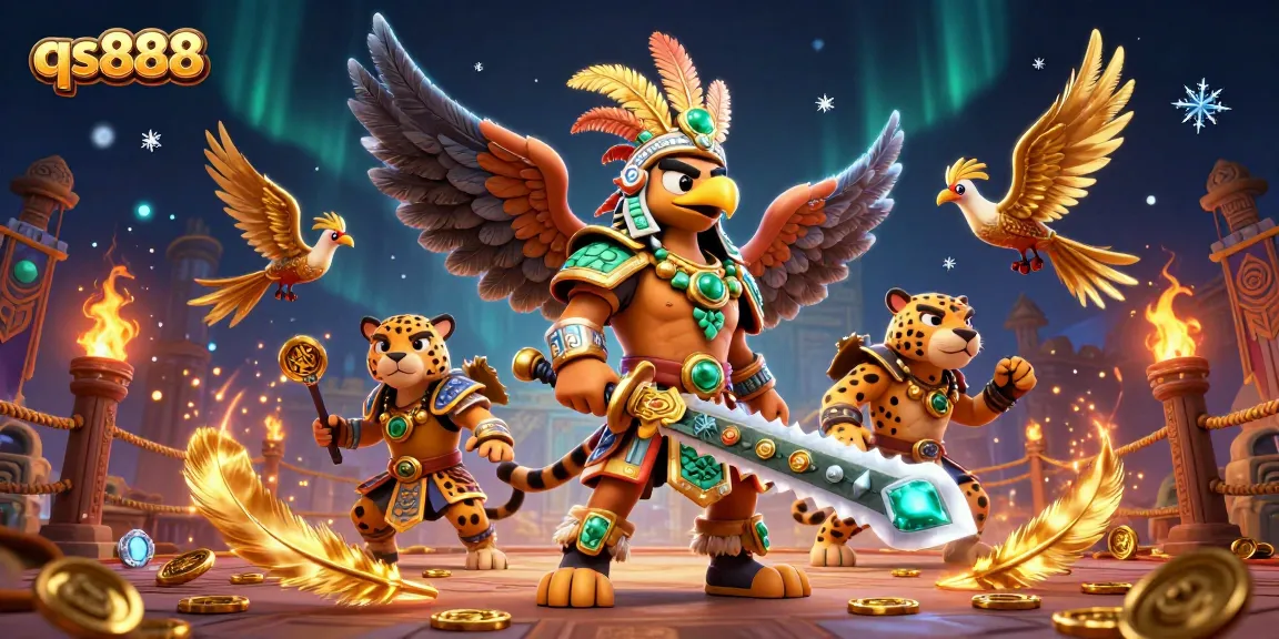 Experience thrilling gameplay with qs888 in a vibrant 3D casino scene featuring legendary warriors.
