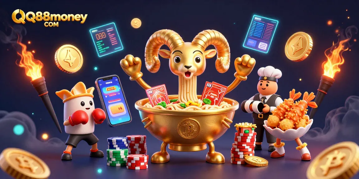 Engage with QQ88money COM's vibrant casino scene featuring dynamic characters and crypto elements.